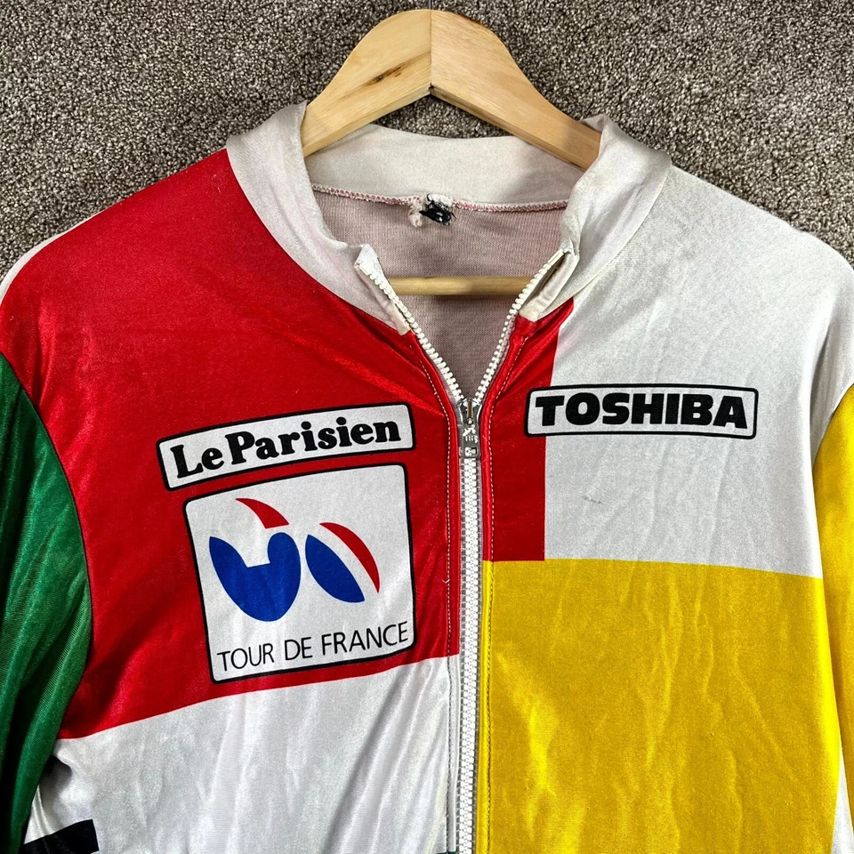 1980s Toshiba Le Parisien Tour De France Cycling Jersey Mens Medium Yellow White - Image 2 of 4