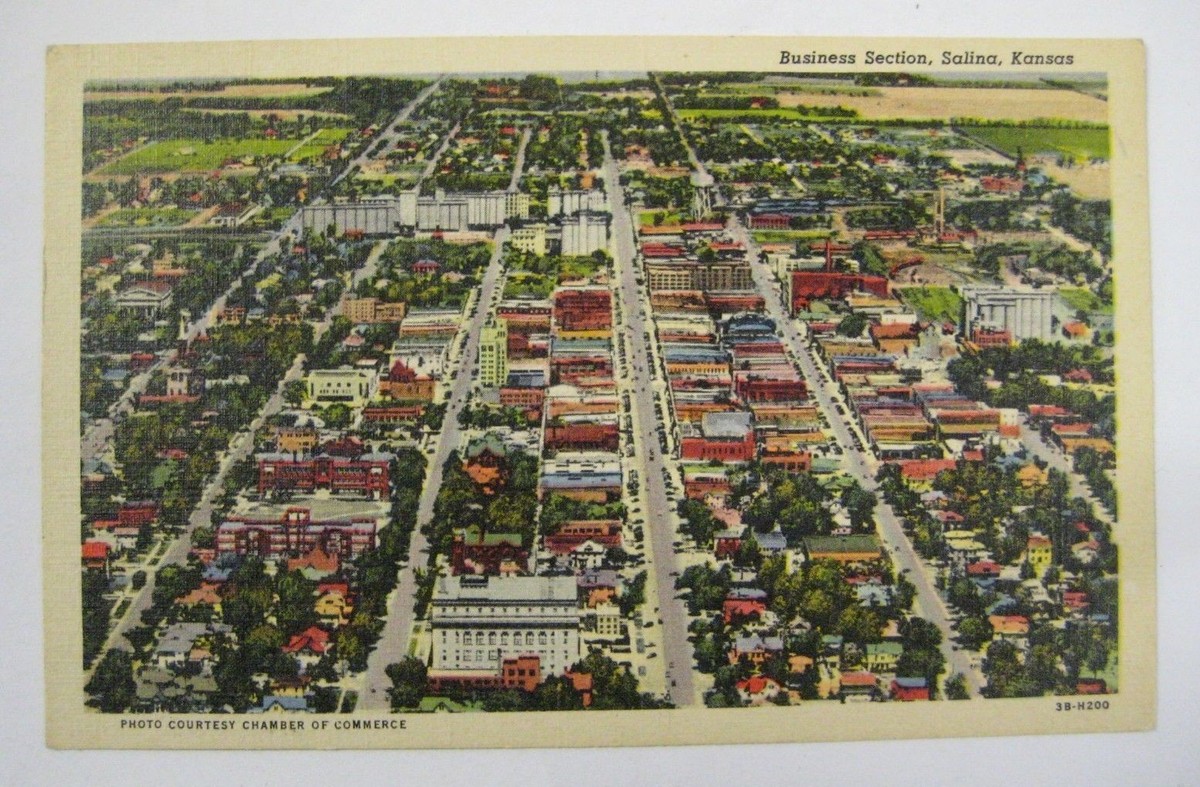 Vintage 1940's Business District Postcard SALINA, KANSAS C.T. Art