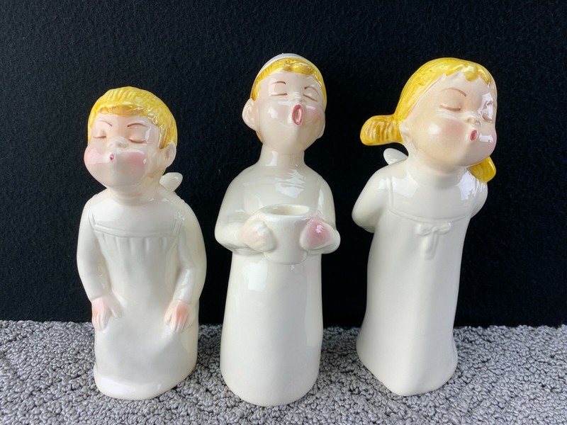 3 Christmas Angel Figurines Boy Girl Carolers Candle Holder Weiss Brazil MCM