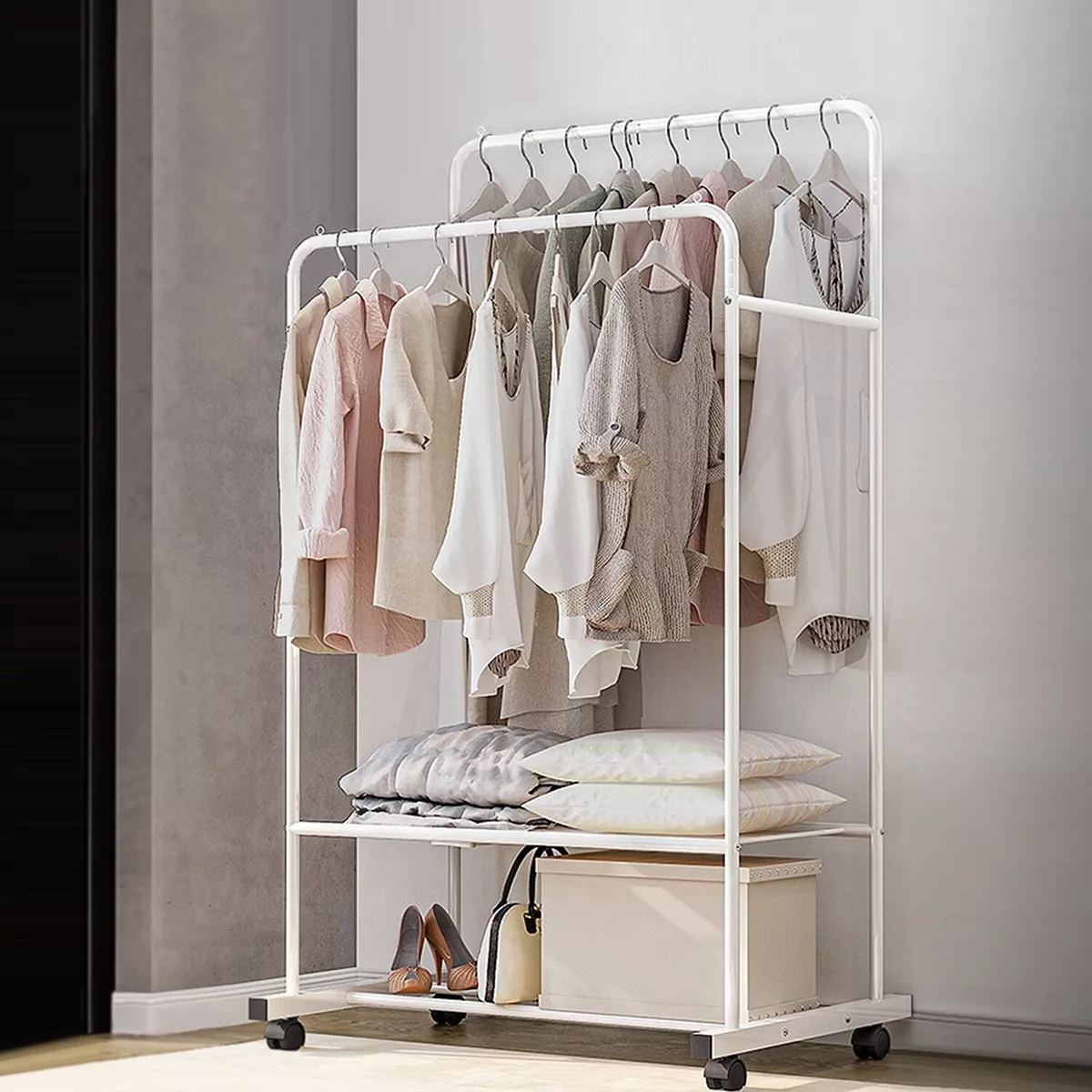 Garment Clothing Rack Double Rails Hanging Shelf Closet Storage w