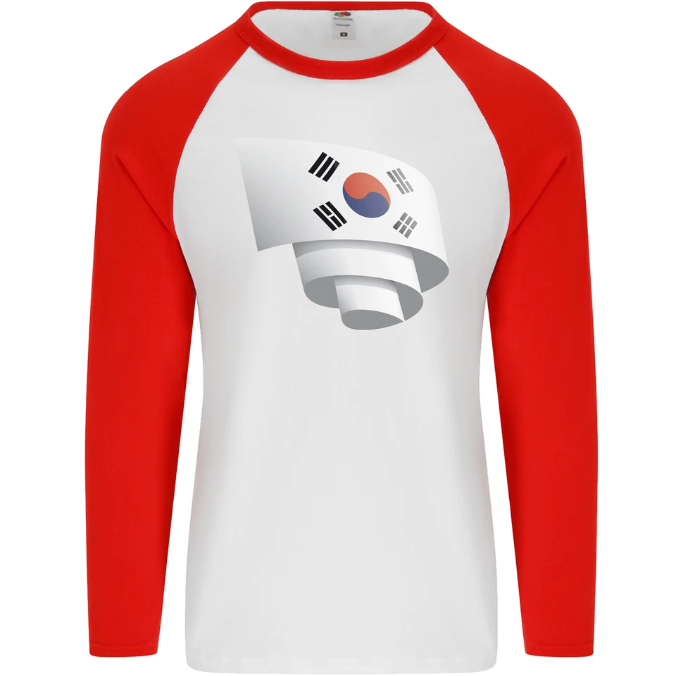 Curled South Korea Flag Korean Day Football Mens L/S Baseball T-Shirt - image 4 of 4
