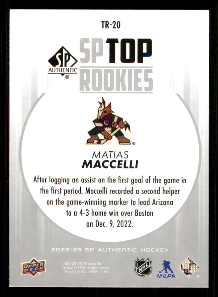 2022-23 SP Authentic Top Rookies #TR20 Matias Maccelli - Image 2 of 2