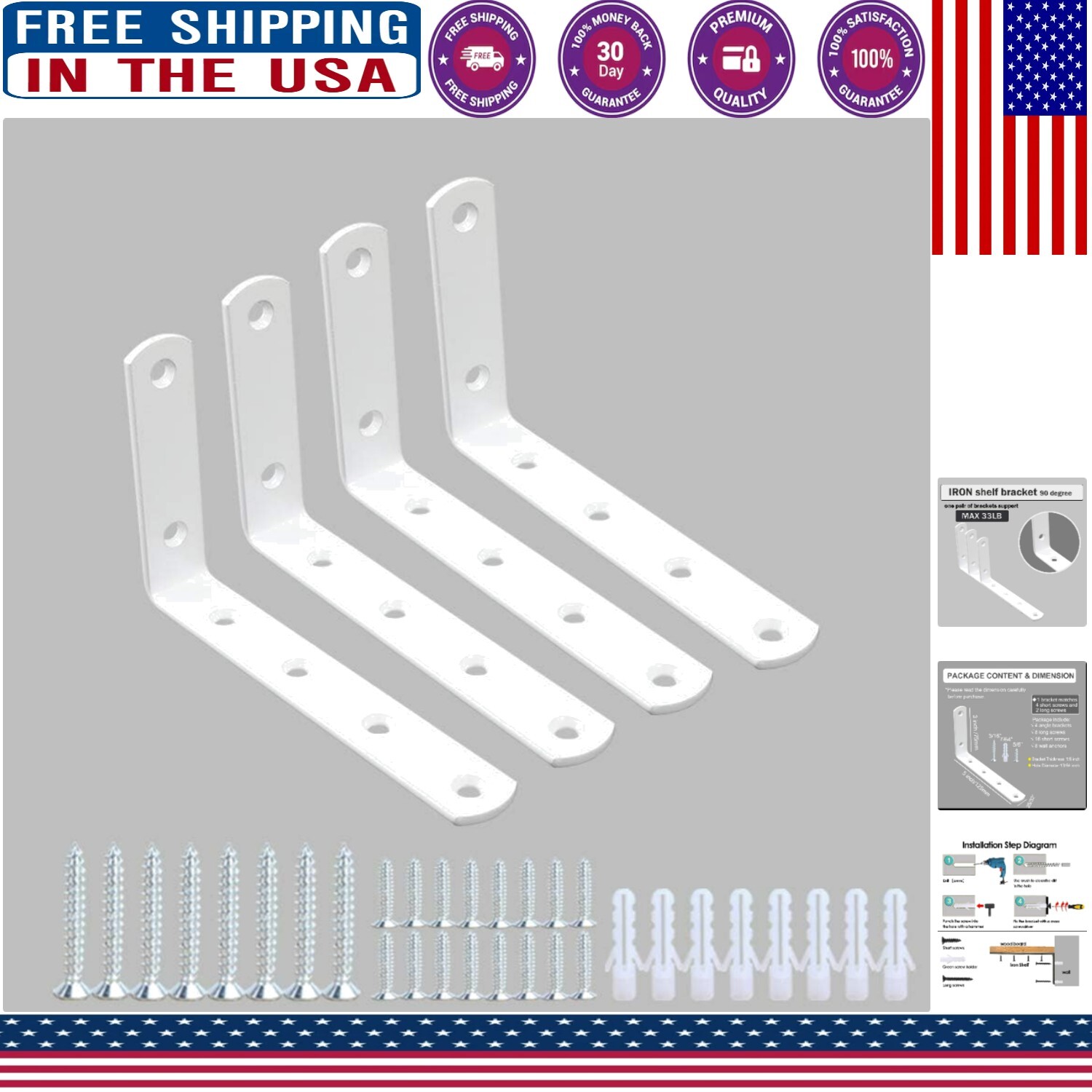 Durable Wall-Mount L Corner Brackets - Pack of 4, Ideal for Heavy Shelves