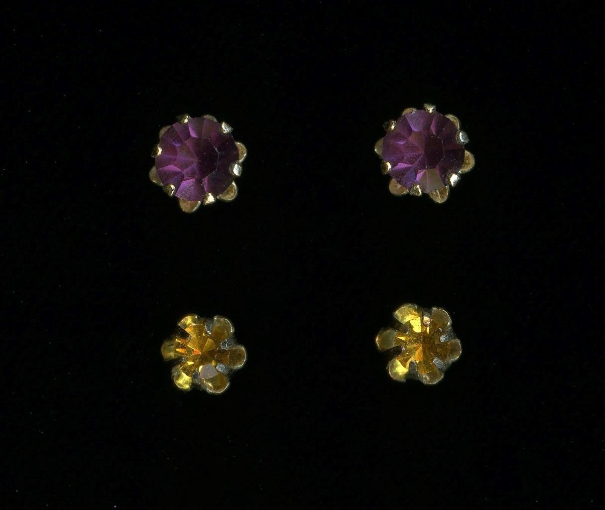 14K 2 Pair Sets Solid Yellow Gold Round Purple & … - image 1