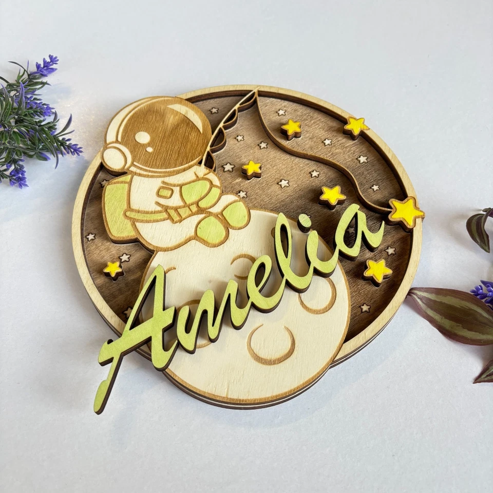 Letrero de madera para guardería de astronauta - Placa de habitación de bebé pintada a mano con temática de pescador Foto 3 de 4