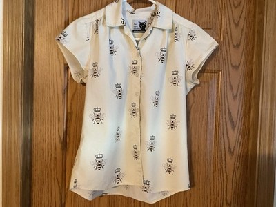 The Cats Pajamas Shirt Women s Sz S Queen Bee Light Yellow Tan Short Sleeve