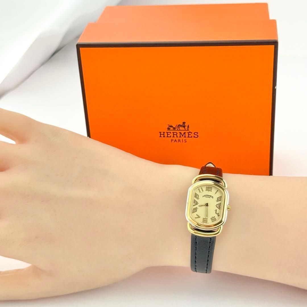 Hermes Rally Ladies Watch Gold Dial Black Leather Quartz Box Set