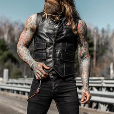 Men's Vintage Motorcycle Distressed Black Genuine Lambskin Leather Biker Vest