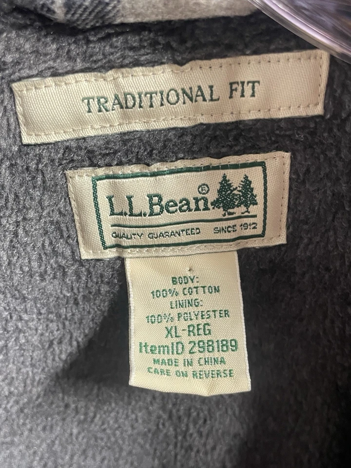 LL Bean Shacket Mens XL Grey Black Plaid Fleece Lined Button Up Thick Shirt - Image 3 of 4