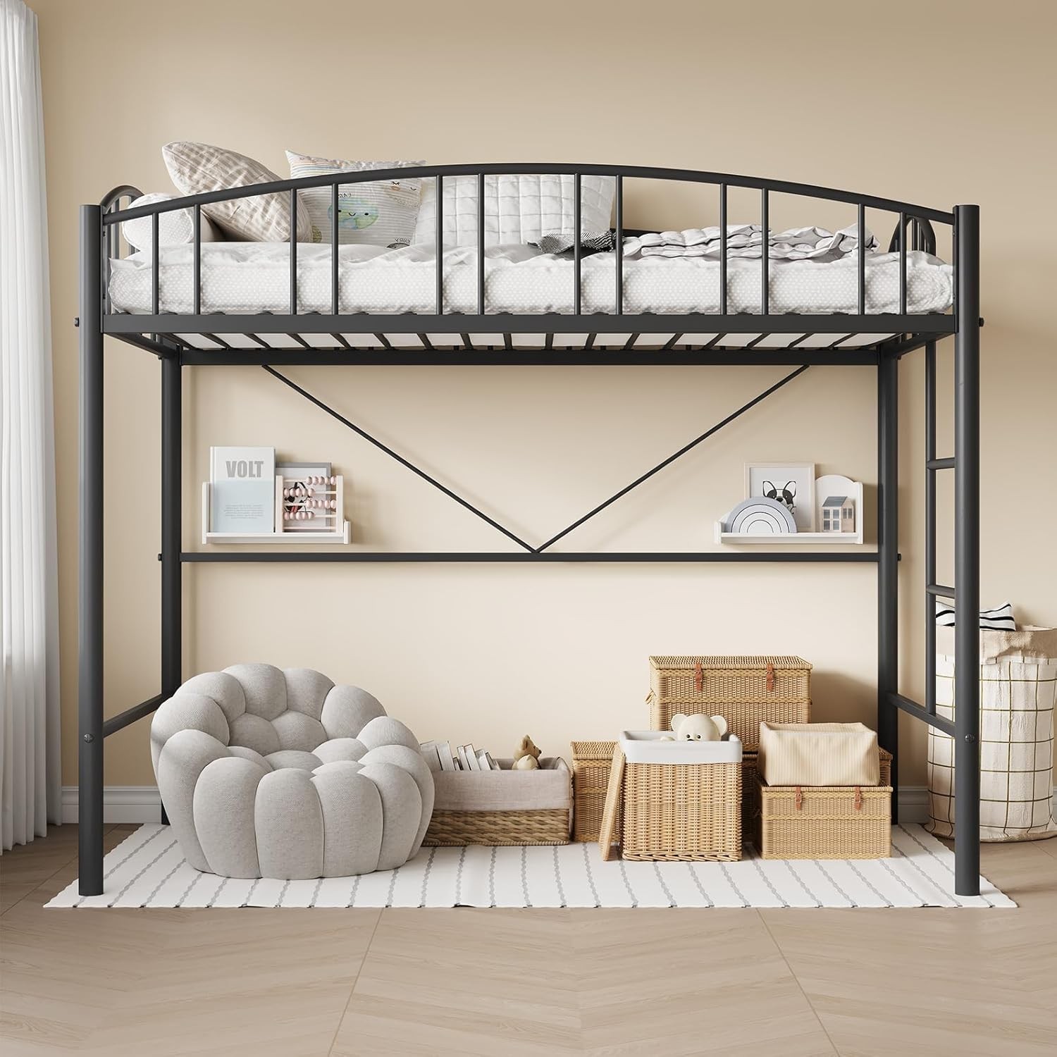 Metal Loft Bed Frame Twin Size, Sturdy with Safety Guardrail for Teens & Adults