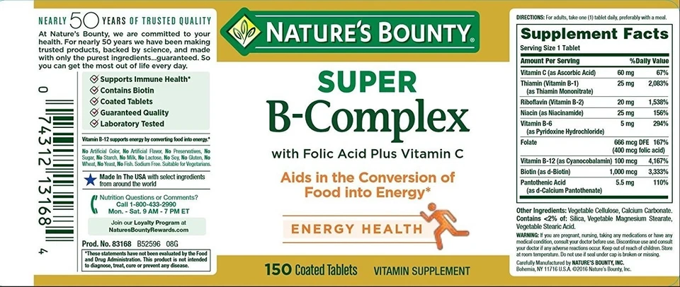 Suplemento vitamínico complexo Nature's Bounty Super B suporte energético à saúde 150 ct - Imagem 3 de 4