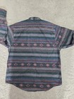 Gray LL Bean men’s flannel shirt with multicolor diamond pattern on back, short sleeves, and button-down front.