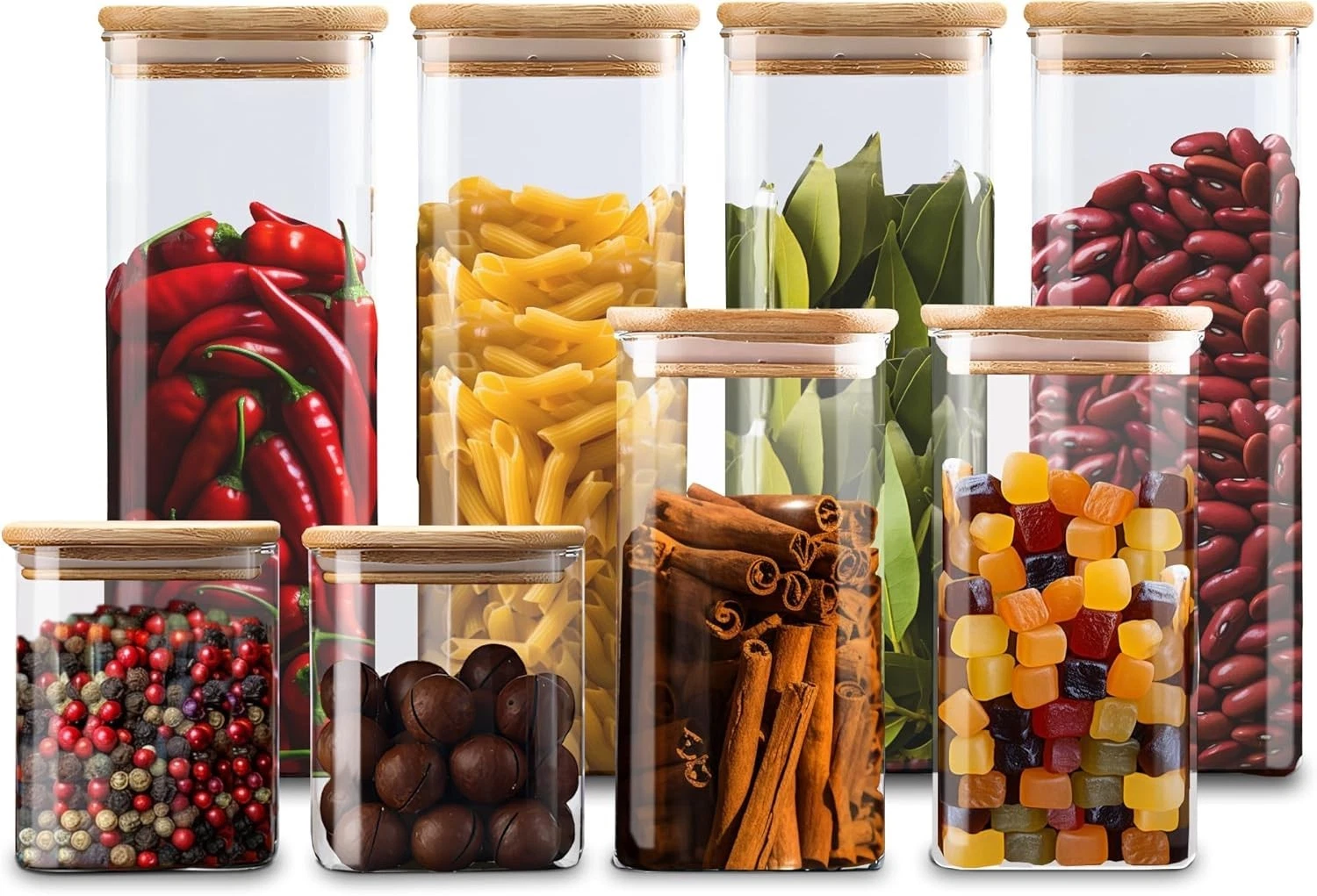 WOWZILLA Set of 8 Glass Food Storage Jars with Airtight Bamboo Lids