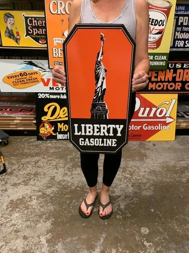 Antique Vintage Old Style Metal Sign Statue Liberty Gasoline 24x12 Made in USA