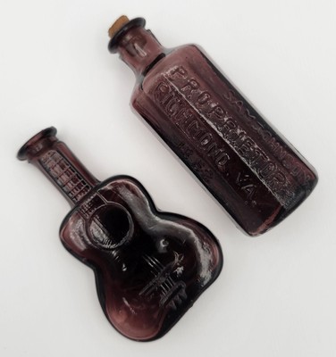 Clevenger Repro Purple Glass Bottles   Lancaster Bitters Flask & Guitar Shape