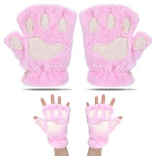 Cat Paw Fingerless Gloves, Furry Paws Gloves Faux Fur Plush Furry Cat Claw Pink