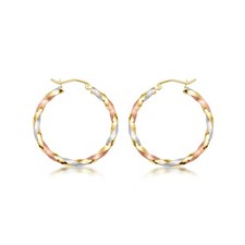 Tri-Color Gold Diamond Cut Twisted Hoop Earrings