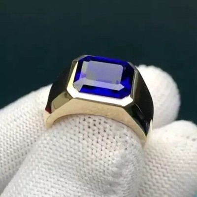 14K Yellow Lab Created Emerald Blue Sapphire Ring