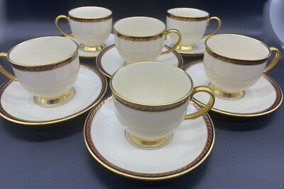 食器 Lenox  Monroe LENOX MONROE CUP SAUCER SET BURGUNDY GOLD RIMS 12 PC CHINA USA