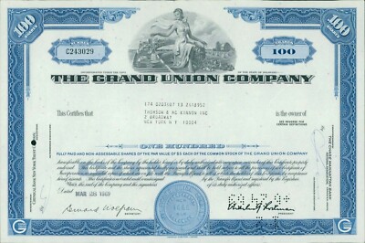 The Grand Union Company 100 Shares Common 1969 Stock Certificate