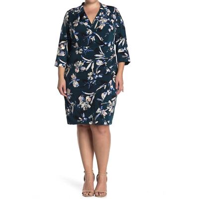 Eliza J Womans Plus Size 22W Dress Green Teal Floral Faux Wrap Sheath Cinch  | eBay