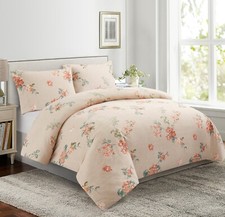 Printed Bamboo Duvet Cover Fitted Sheet Bedding Set, Peach Floral Taupe Twin