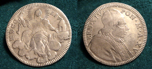 Papal State Benedict XIV Double Giulio (Fifth Of Scudo) 1754 Very Rare