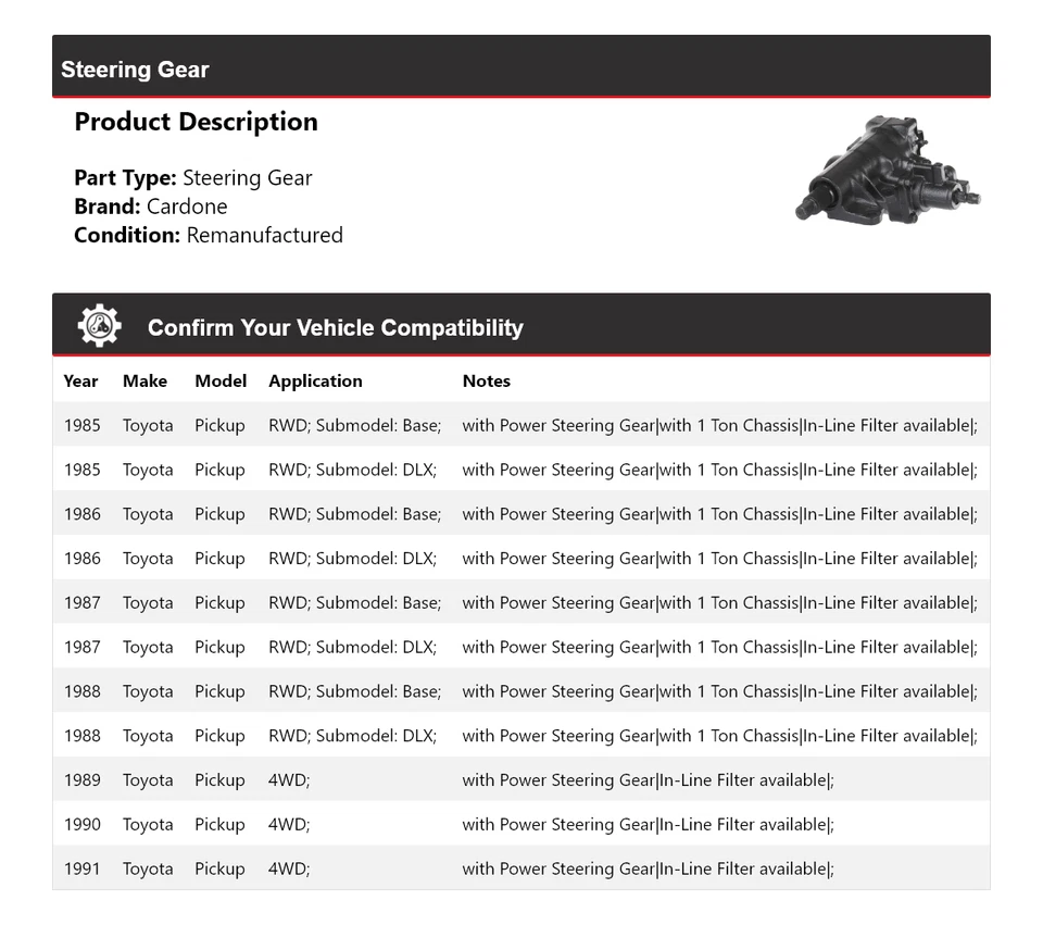 Para camioneta Toyota 1985-1991 engranaje de dirección Cardone 1986 1987 1988 1989 1990 Foto 2 de 4