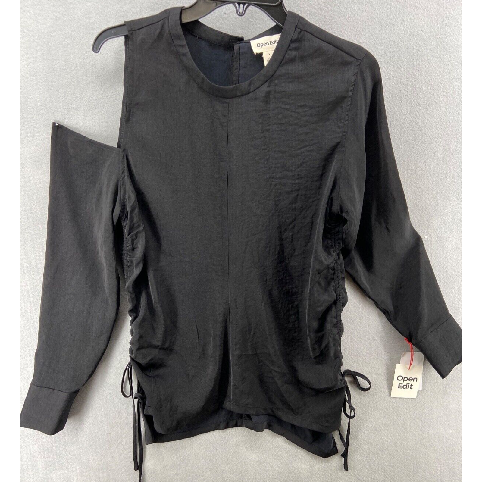 NWT Open Edit Womens Black One Shoulder Ruched Side Tie Detail Shirt Sz S