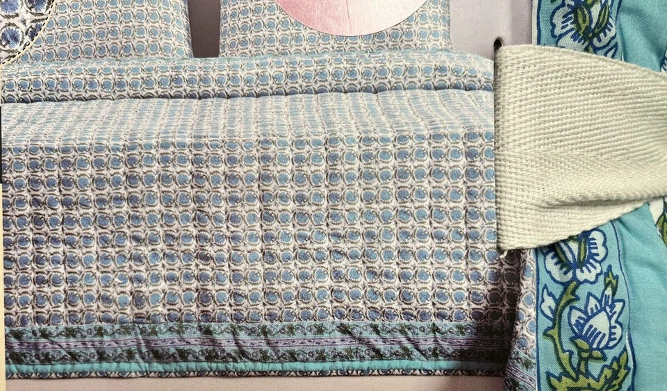 Artelier Nicole Miller Blue White Green KING Traditional Block Reversible Quilt - Image 4 of 4