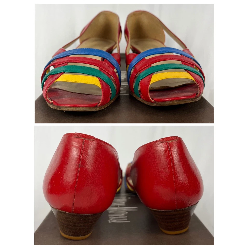复古 80 年代 90 年代 Neiman Marcus 绑带低凉鞋高跟鞋 9N 红色皮革色块 — 第 4/4 张图片