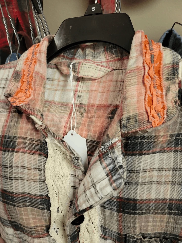 Flannel distressed shirt upcycled patchwork boho Hippie Reworked small repurpose - Image 4 of 4