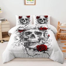 Rose Skull Queen Size Comforter Set for Girls ,Hand Drawn Red Rose Skeleton B...