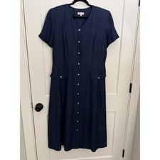 Talbots Y2K Linen Blend Button Up Dress SIZE 14 Navy Blue Faux Pockets