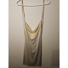 SHEIN Women Gold Metallic Cowl Neck Open Back Mini Dress Luxe Elegance Party L