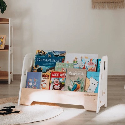 WoodandHearts Montessori Wooden Adam Bookshelf for Toddlers, 2-Shelves, White an