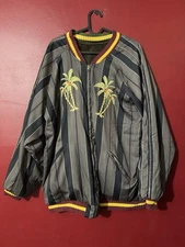 KAPITAL Rayon Stripe Souvenir Bomber Jacket ‘Hibiscus Palm Tree’ (21SS)