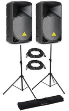 Behringer Eurolive B112W 1000W 12 inch Powered Speaker Pair Stand Bundle