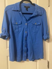 Style & Co Shirt Womens Medium Blue Button Up Fitted Short Sleeve Utility Top