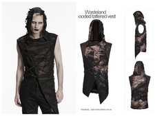 Punk Rave Men Goth Distressed Hooded Vest Shredded Mesh Sleeveless Top Waistcoat