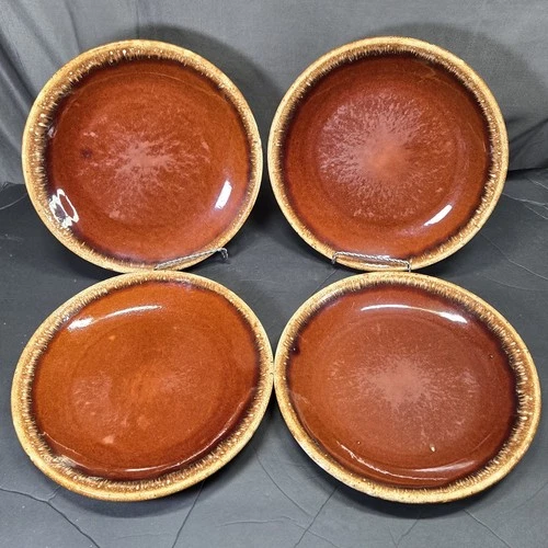 Lot 4! Hull Pottery Brown Drip Glaze 10.5" Dinner Plates Vintage Oven Proof USA