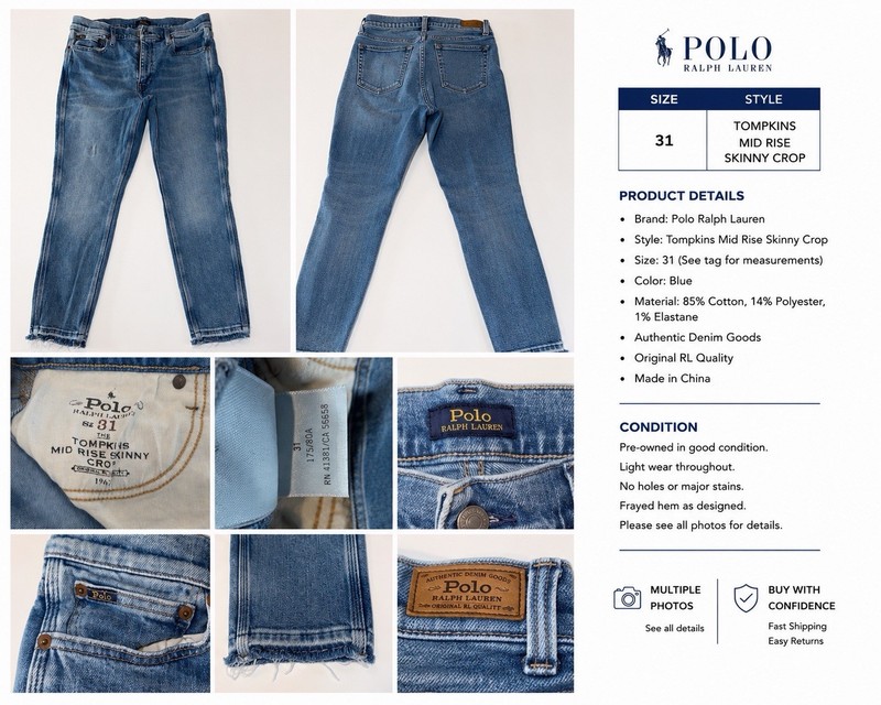Polo Ralph Lauren Tompkins Mid Rise Skinny Crop Jeans Women’s Size 31 Raw Hem