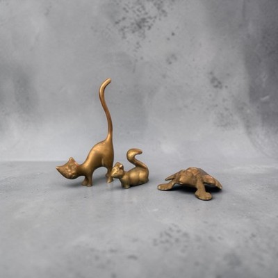 Vintage Solid Brass Animal Figurine Set Cat Ring Holder Squirrel Frog 3 Piece