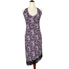 Vtg 00s Y2K Princess Bebe Halter Asymmetric Open Back Midi Dress L V Neck Fringe