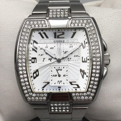 Guess U13514L1 Mens Watch 43mm Silver Dial Crystals Day Date New
