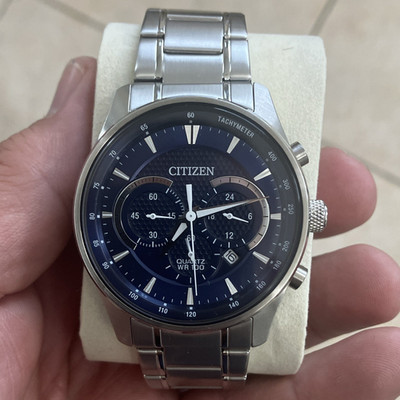 Citizen Men's Quartz Chronograph Date Blue Dial Tachymeter SS Bracelet WR100