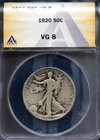 1920 50c Silver Walking Liberty Half-dollar VG 8 ANACS # 7810201 + Bonus