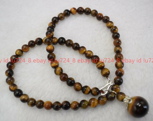Natürliche 8 mm gelbe Tigerauge Edelstein Perlen Runde Anhänger Halskette 16-24" - Bild 9 von 12