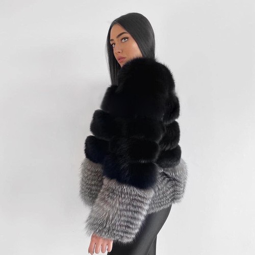 Fashion Real Silver Fox Fur Coat Warm Fluffy Women Jacket Winter Overcoat Zipper - Picture 4 of 5