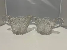 VTG Clear Saw Tooth Pressed Glass Sugar Bowl & Creamer Set No Chips/Cracks EAP?